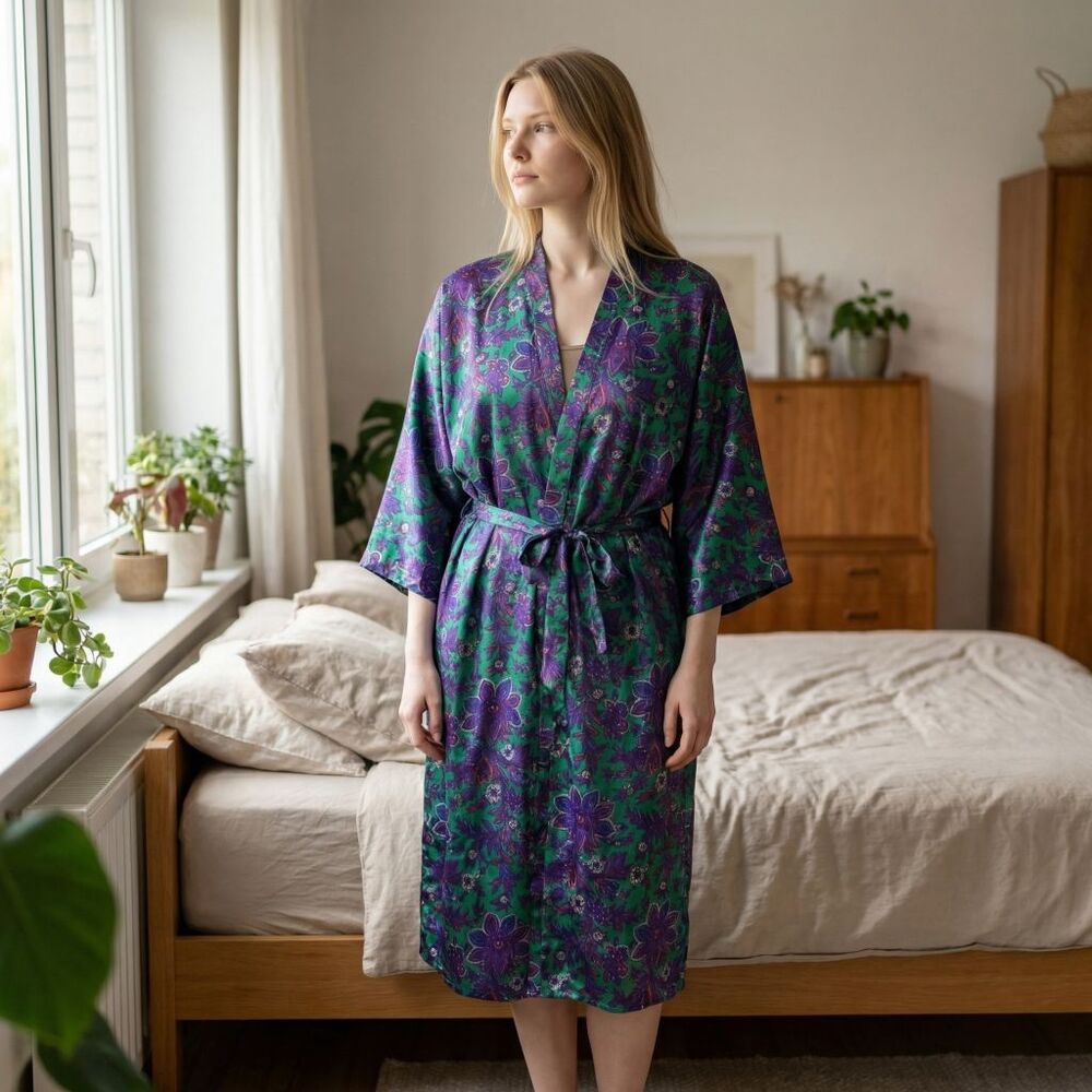 Victorias Secret Gold Label Robe Kimono Women OS Green Paisley Satin Belted  VTG